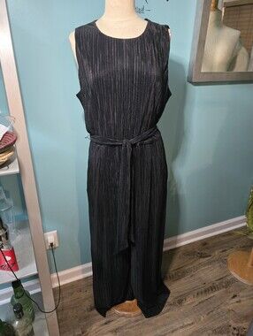 Anne Klein Black Sleeveless Plisse Pleated Jumpsuit with Tie Belt
